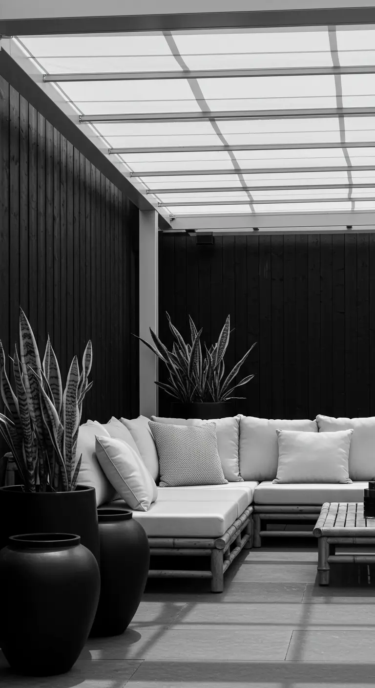 Salon d'angle en bambou et blanc devant un mur noir, avec grandes plantes graphiques en pots noirs.