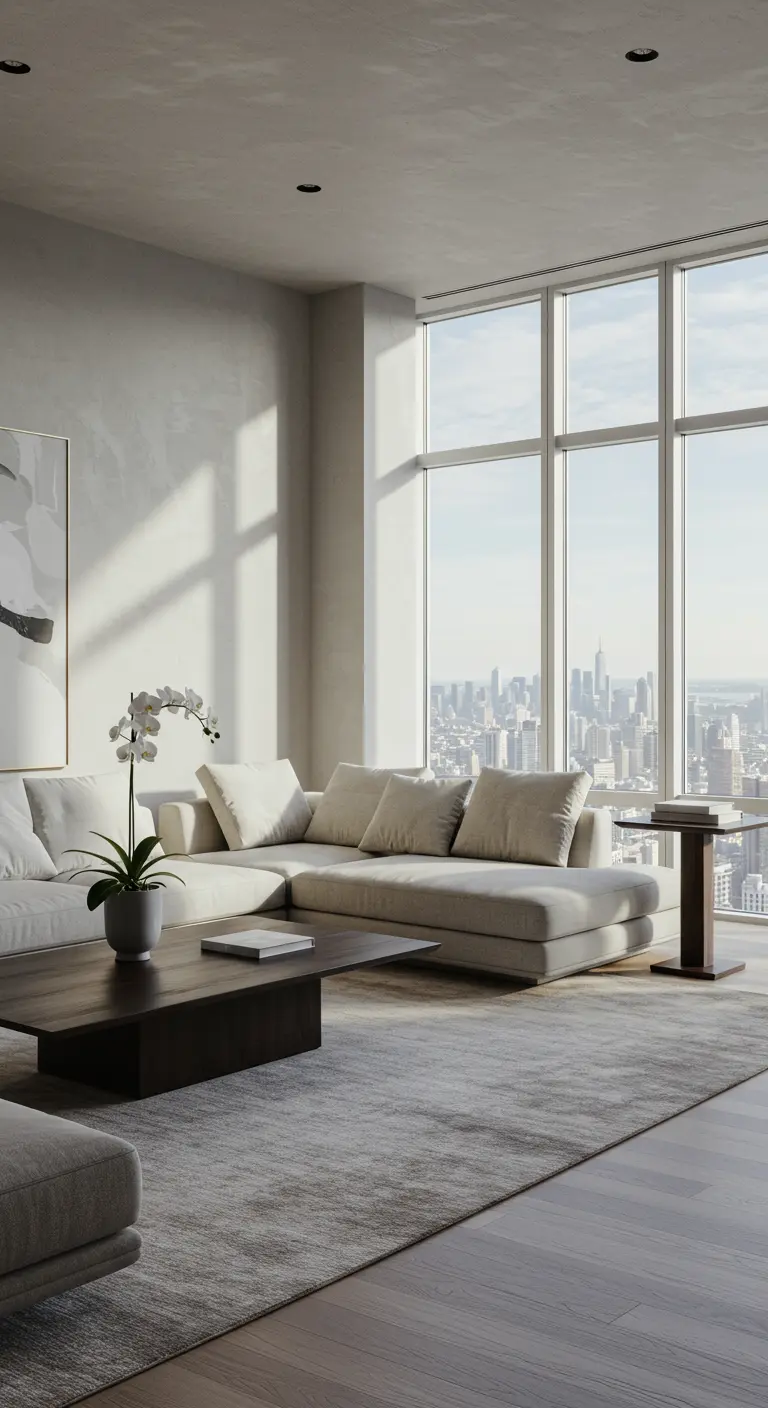 Salon d'un appartement moderne avec vue sur la ville et un grand canapé beige