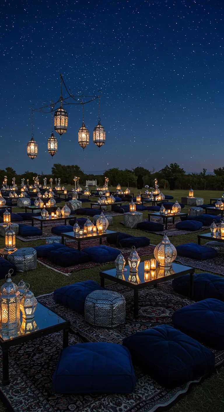 Soirée en plein air avec des tables basses à miroir reflétant des lanternes.