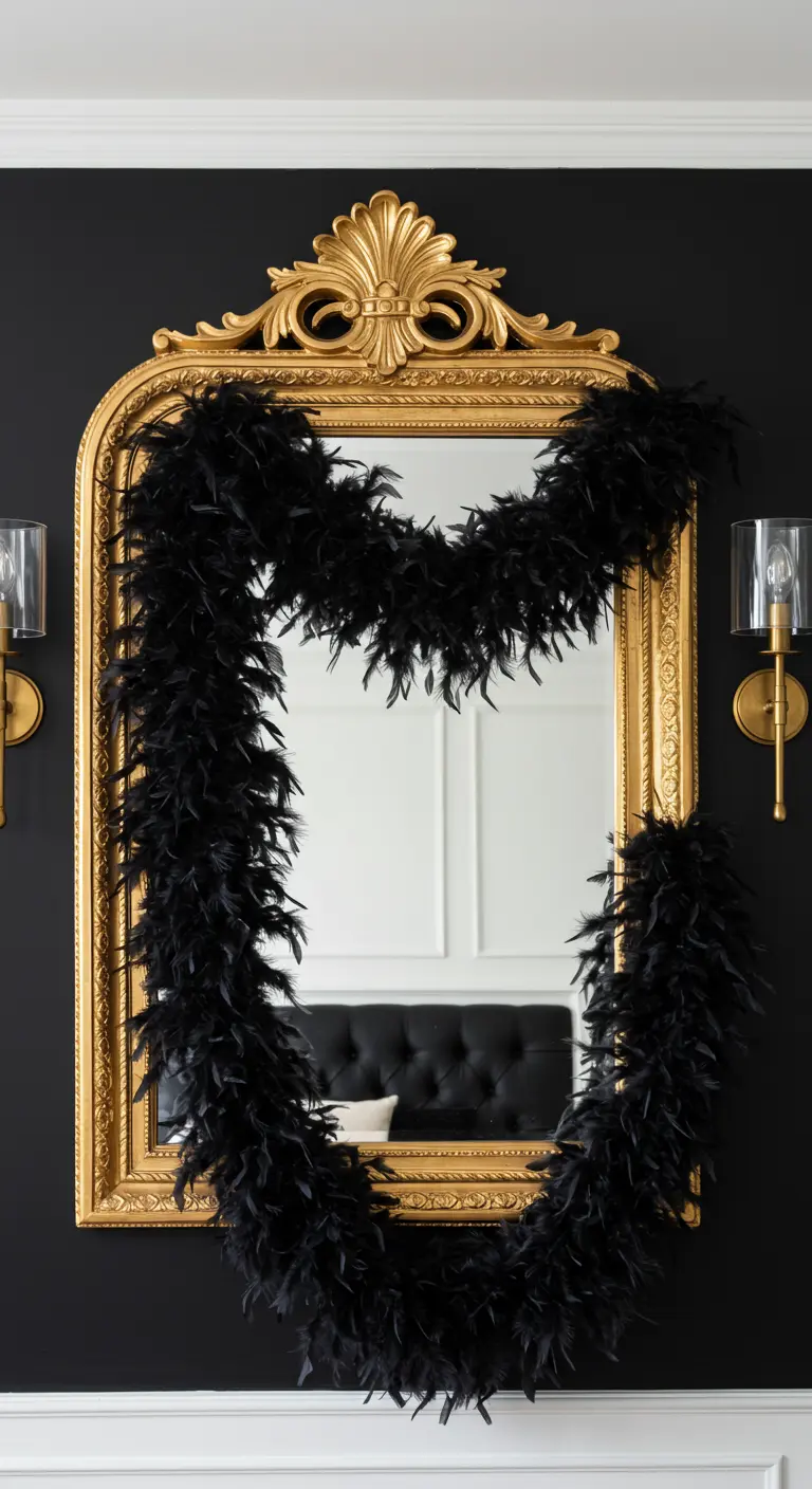 Un grand miroir doré orné d'une épaisse guirlande de plumes noires, sur un mur noir.