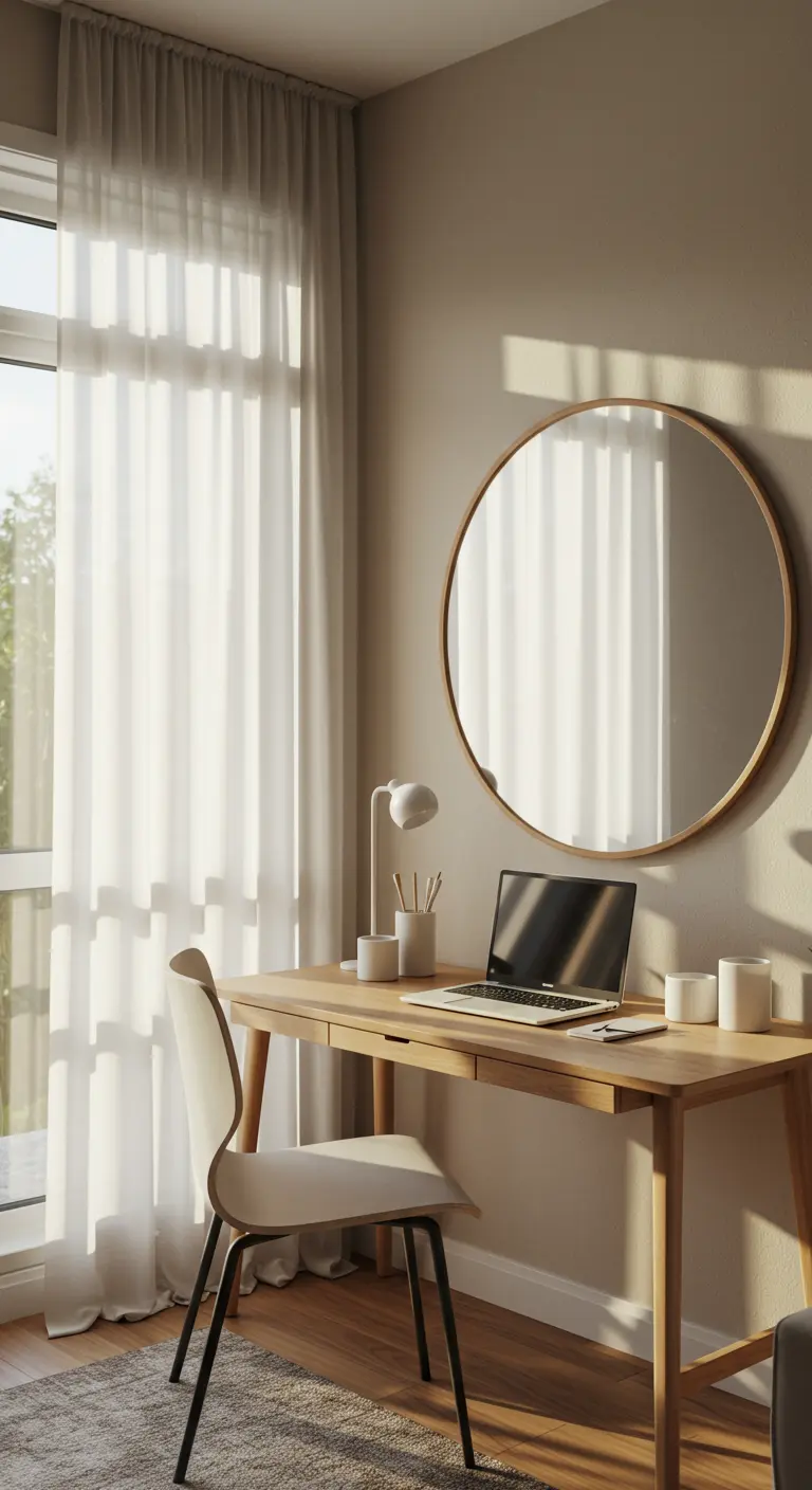 Bureau en bois clair avec un grand miroir rond et des voilages blancs.