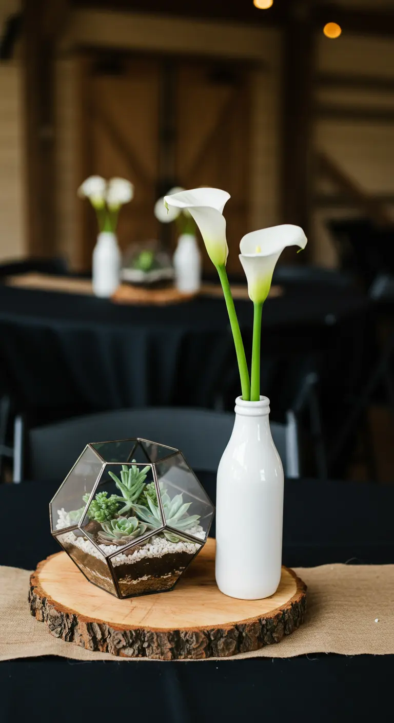 Vase blanc, terrarium géométrique et arums sur un rondin de bois.