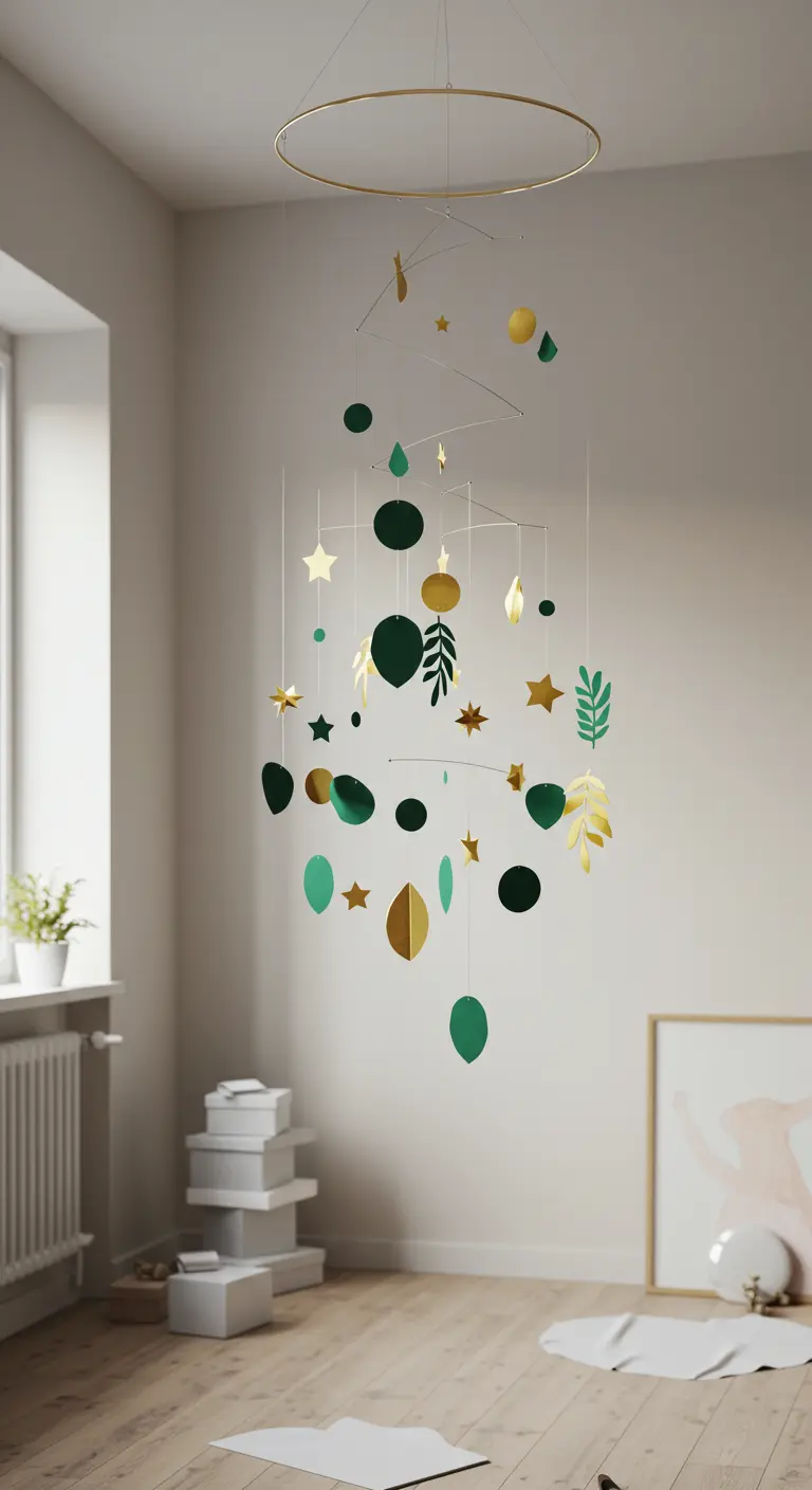 Mobile suspendu avec des formes géométriques vertes et dorées évoquant un sapin de Noël.