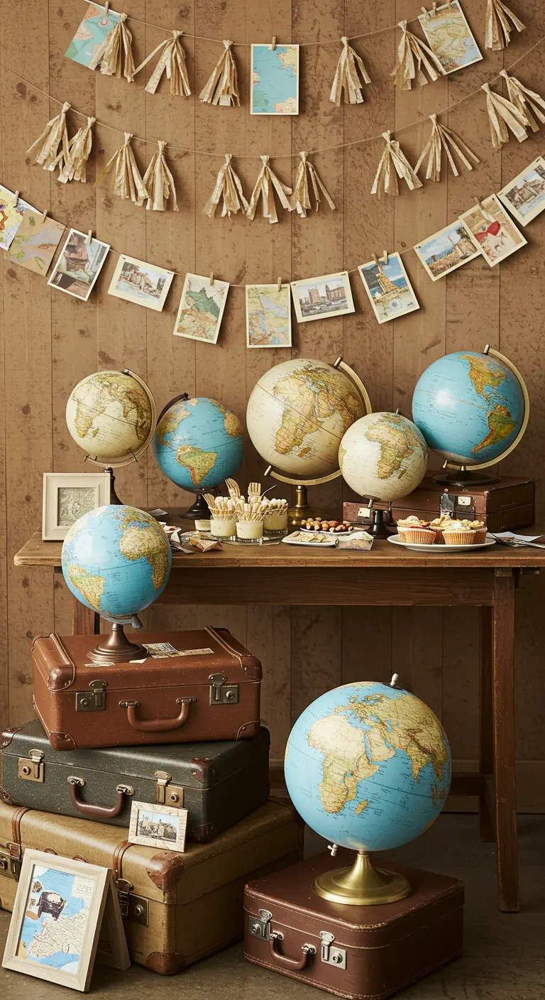 Buffet d'anniversaire sur le thème du voyage avec des globes et des valises anciennes.