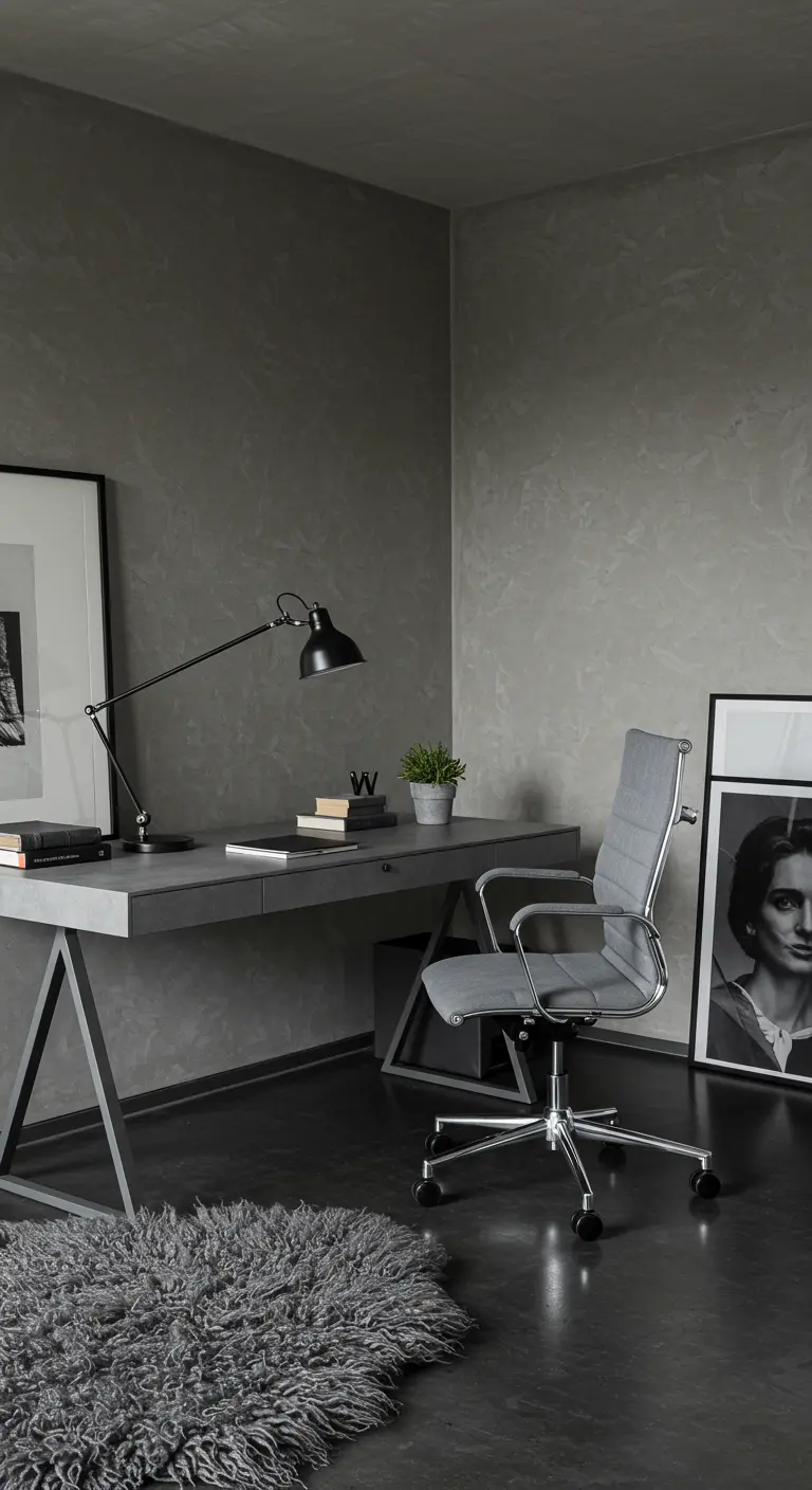 Bureau et murs gris texturés, avec une chaise de bureau design et un tapis à poils longs.