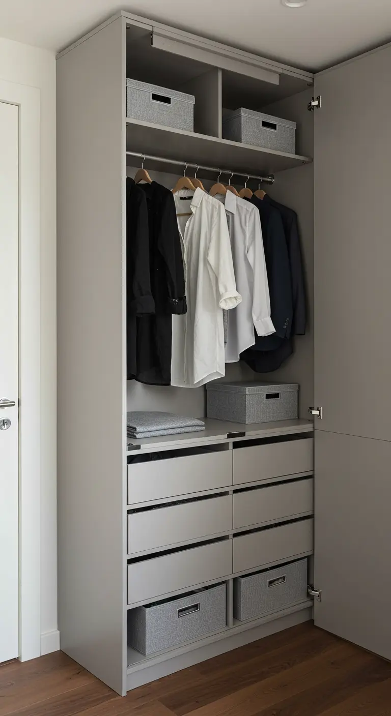 Armoire grise compacte avec penderie, tiroirs et boîtes de rangement.