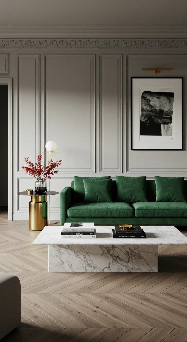 Table basse rectangulaire en marbre blanc massif dans un salon haussmannien moderne.