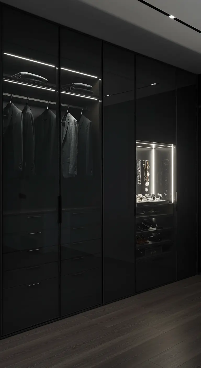 Dressing moderne avec de grandes portes noires laquées et un éclairage intérieur subtil.