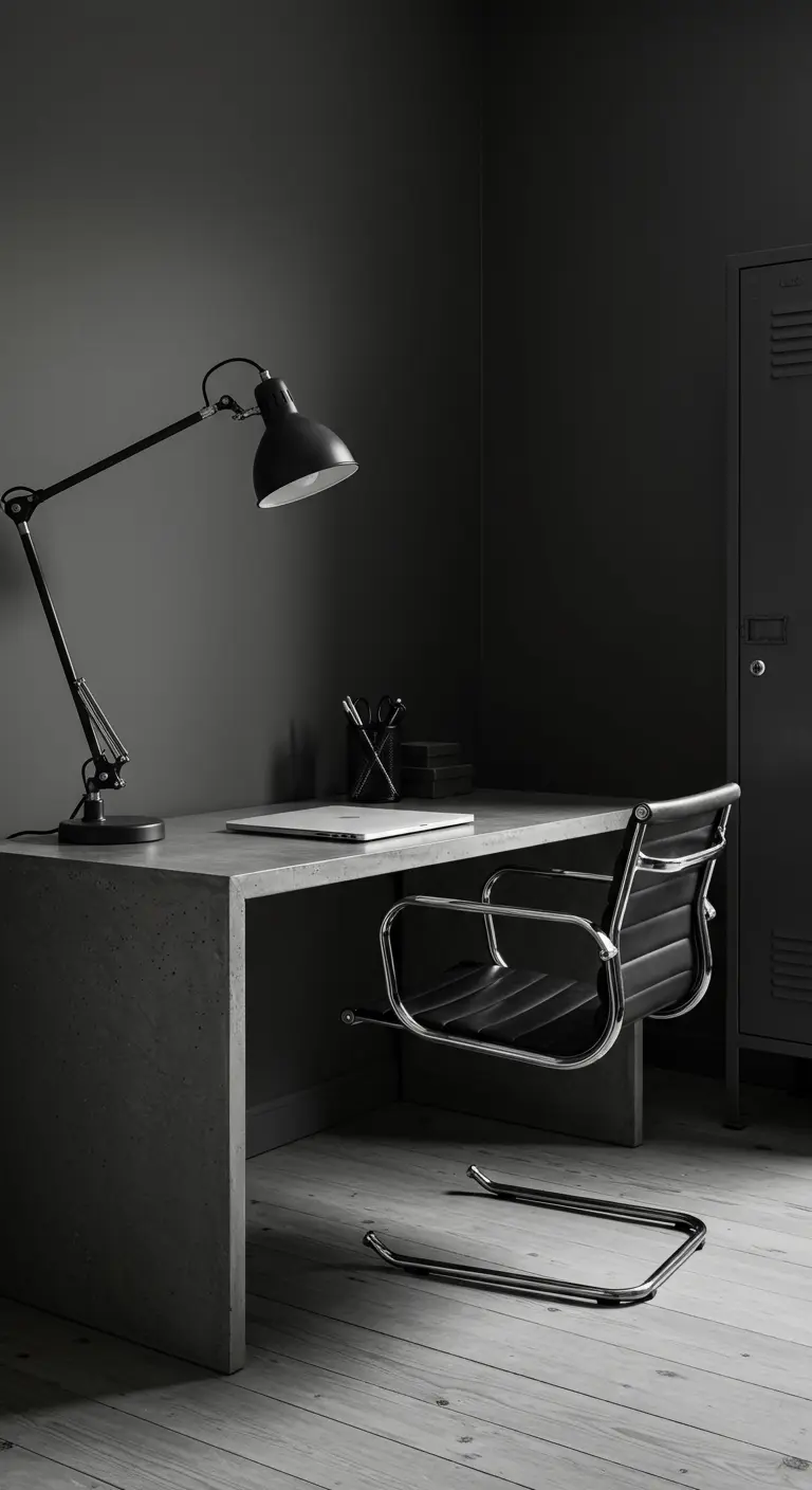 Bureau en béton brut dans un coin sombre et monochrome.