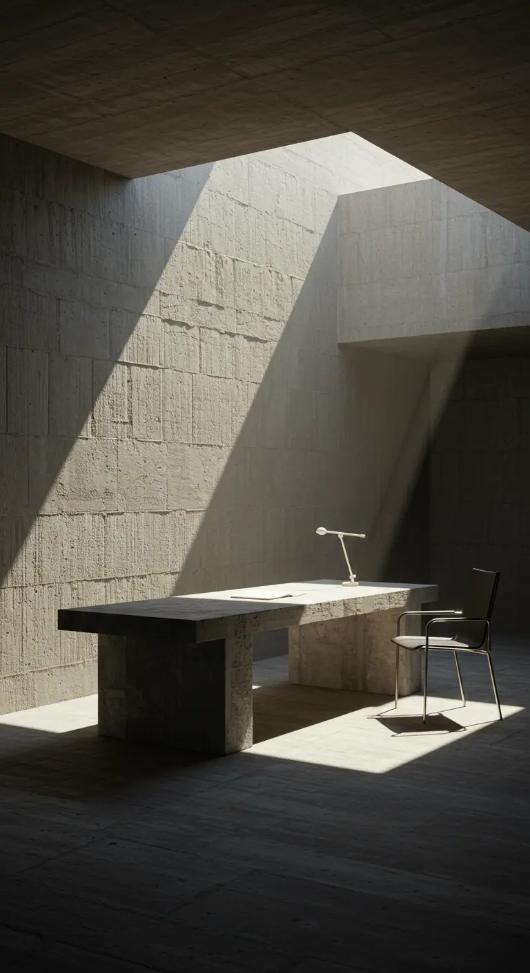 Bureau massif en béton dans une pièce en béton, éclairé par un puits de lumière.