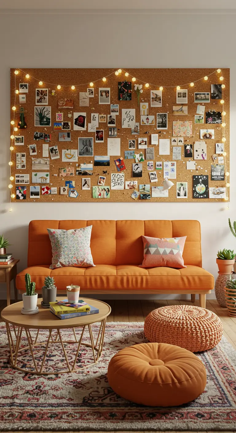 Grand panneau de liège couvert de photos et de cartes, illuminé par une guirlande lumineuse au-dessus d'un canapé orange.