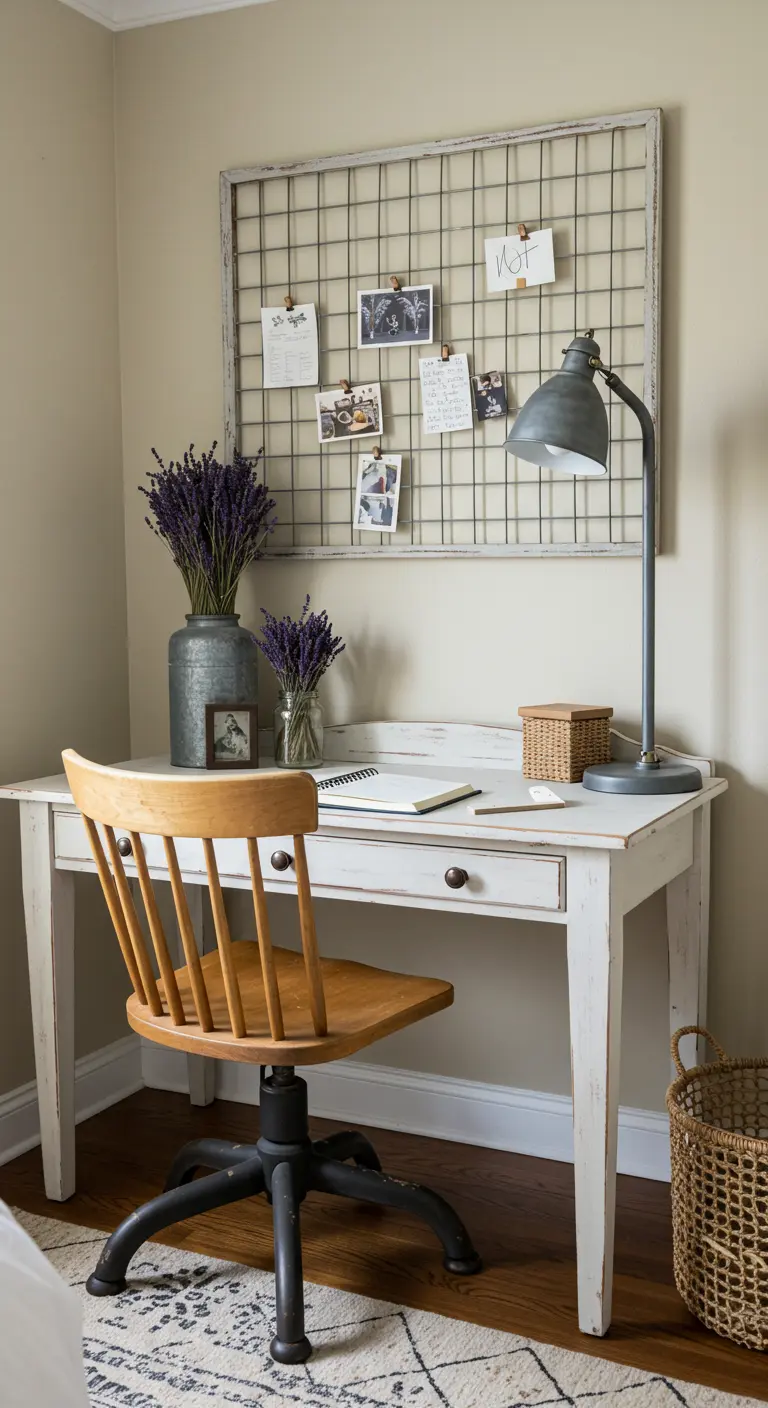 Bureau blanc de style campagne avec un grand panneau grillagé mural servant de moodboard.