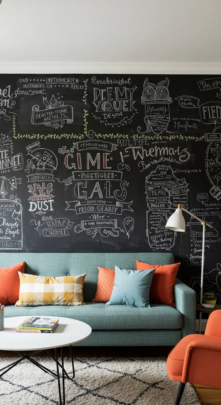 Mur entier peint en noir ardoise, couvert de dessins et de calligraphies à la craie blanche.