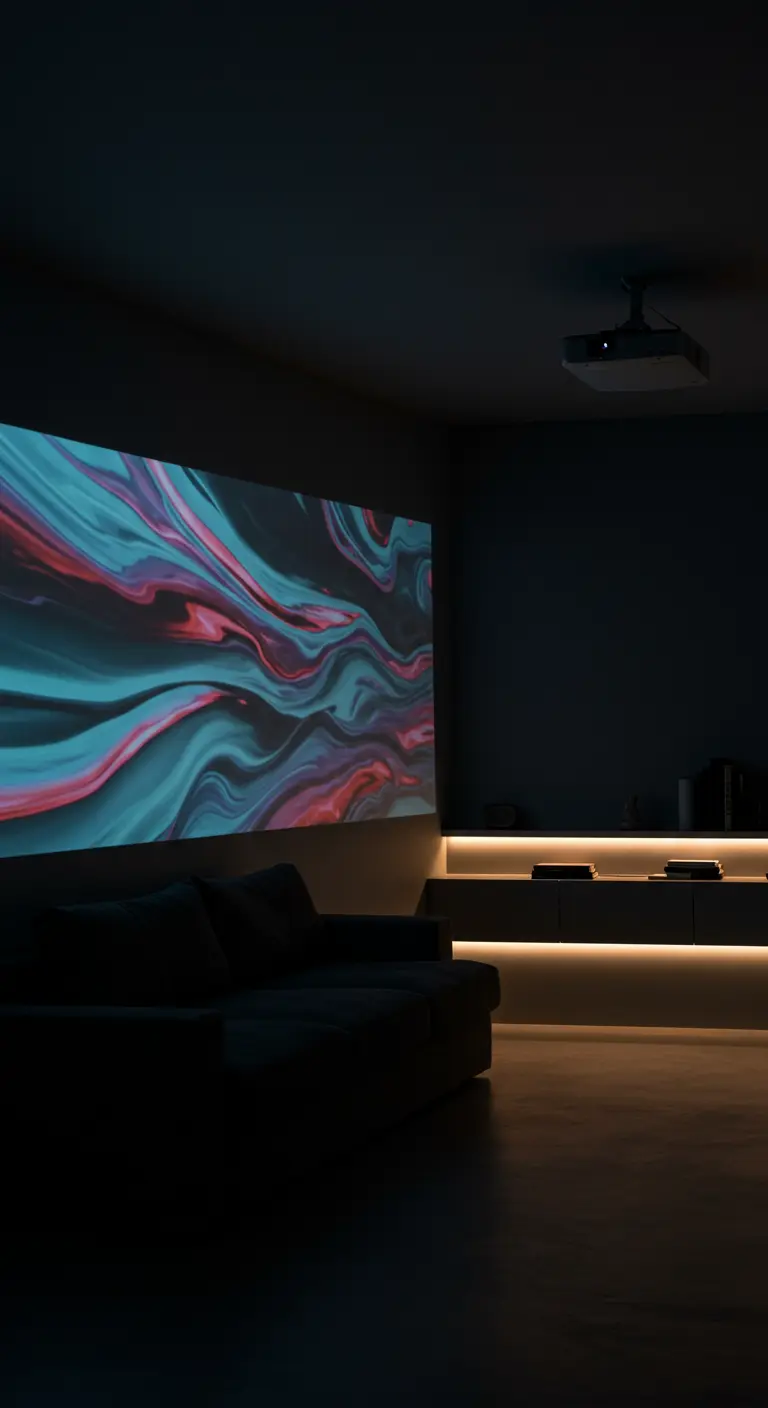 Projection d'une œuvre d'art numérique abstraite et colorée sur un mur sombre.