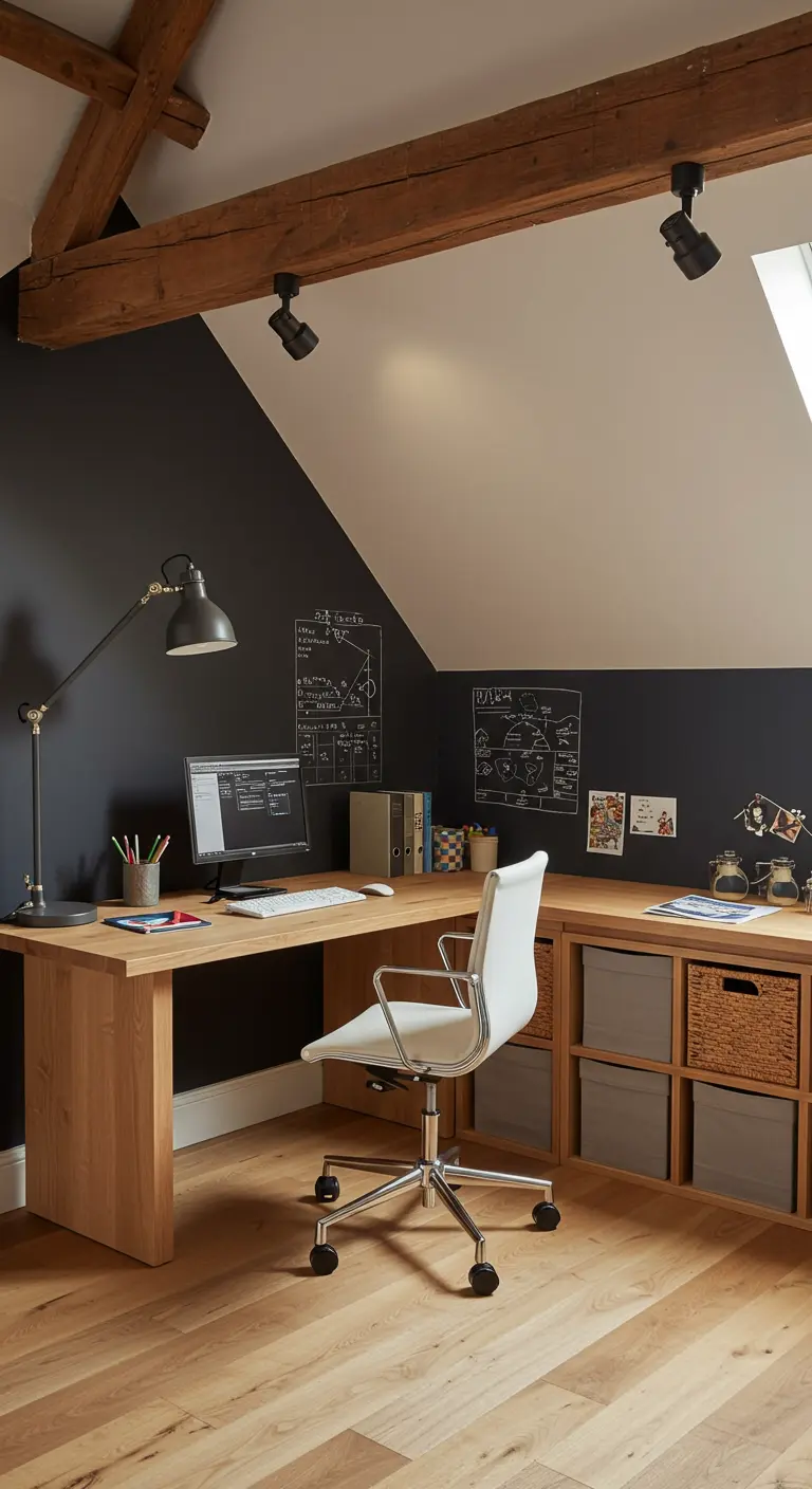 Bureau d'angle en bois devant un mur noir peint à l'ardoise et couvert de dessins.