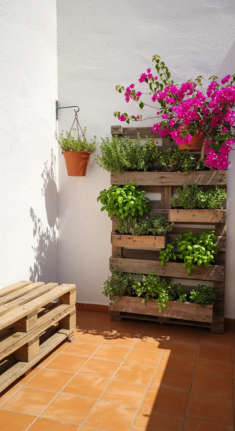 Palette en bois transformée en jardin vertical avec des herbes aromatiques et un bougainvillier.