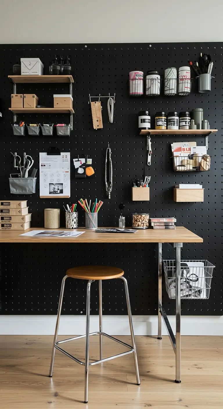 Un grand panneau perforé (pegboard) noir couvre le mur derrière un bureau, rempli de rangements.