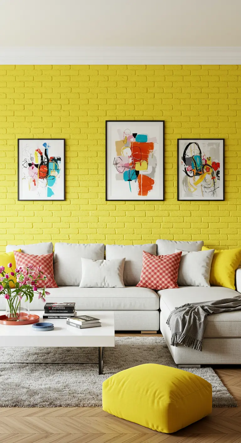 Salon pop et coloré avec un mur de briques peint en jaune vif et des œuvres d'art modernes.