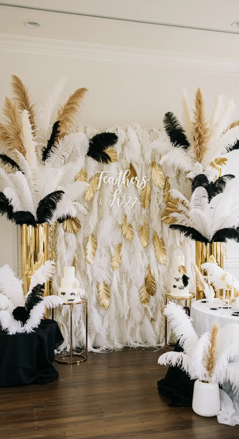 Mur de décoration opulent fait de plumes blanches, noires et dorées pour une fête.