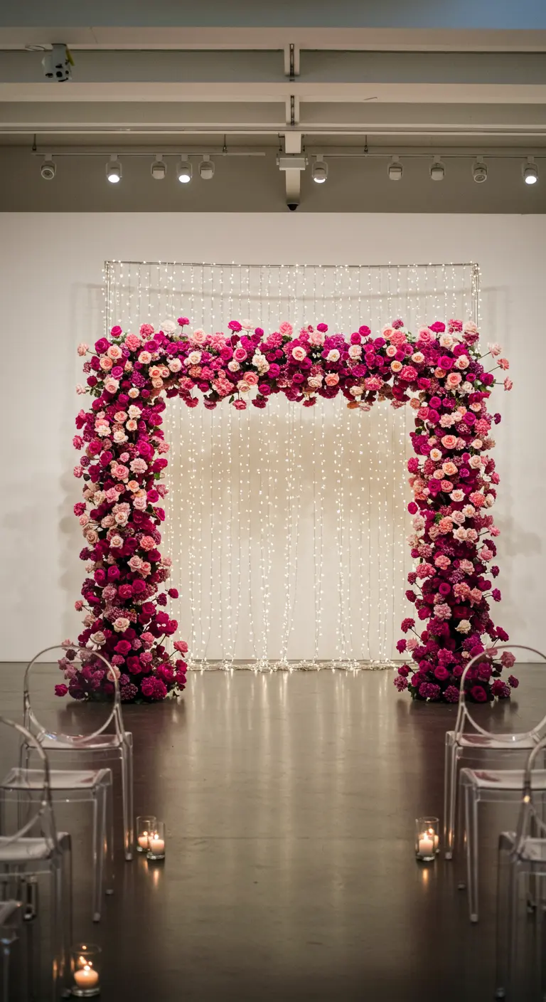 Arche carrée entièrement recouverte de roses roses et fuchsia devant un rideau de lumières.