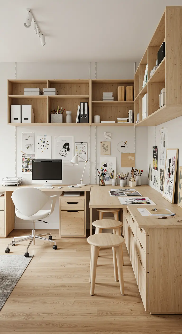 Double bureau avec un système d'étagères murales modulaires en bois et métal blanc.