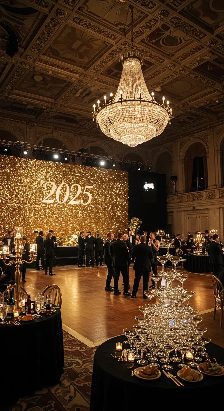 Salle de bal chic pour le réveillon avec un mur de paillettes dorées affichant '2025'.