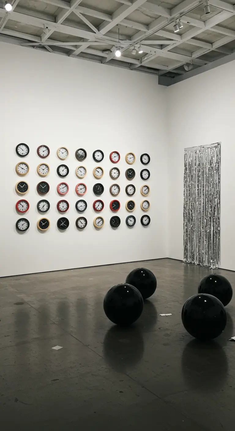 Mur de galerie avec des dizaines d'horloges alignées et des ballons noirs.