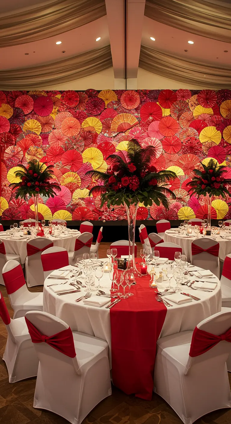 Mur d'éventails en papier rouge, rose et jaune derrière des tables de réception.