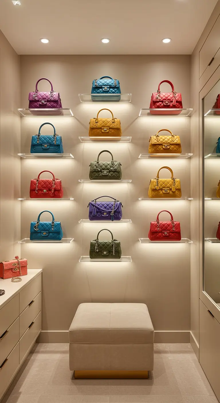 Mur de sacs à main colorés exposés sur des étagères flottantes en verre éclairées.