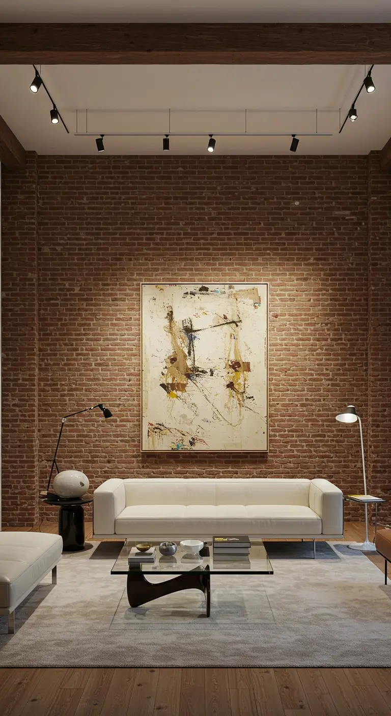 Salon moderne avec mur de briques, canapé blanc et un grand tableau abstrait éclairé par des spots.