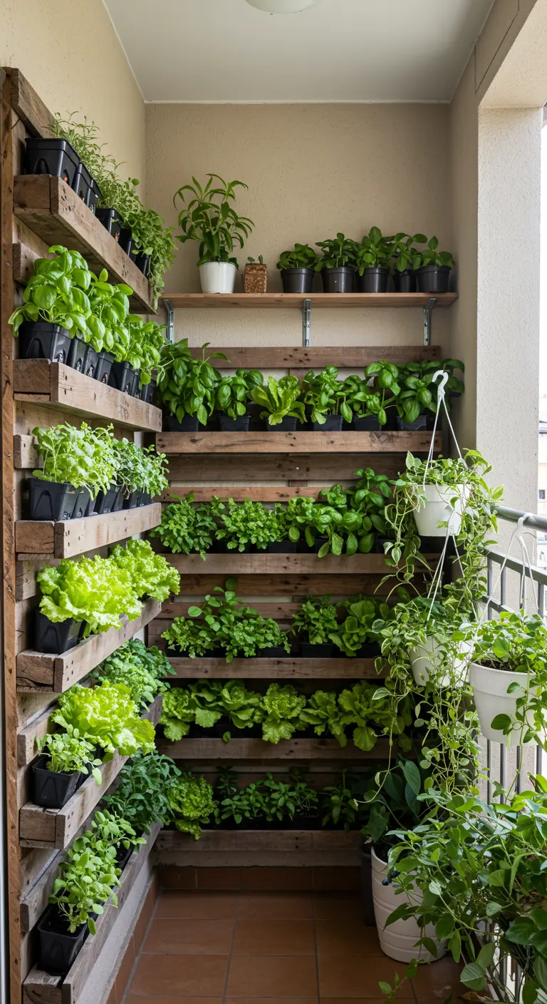 Mur végétal luxuriant fait de palettes pour cultiver salades et herbes.