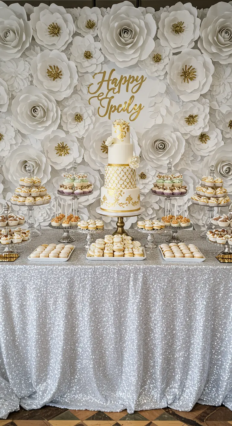 Buffet de desserts devant un mur de fleurs en papier blanches et dorées, avec un gâteau à étages.