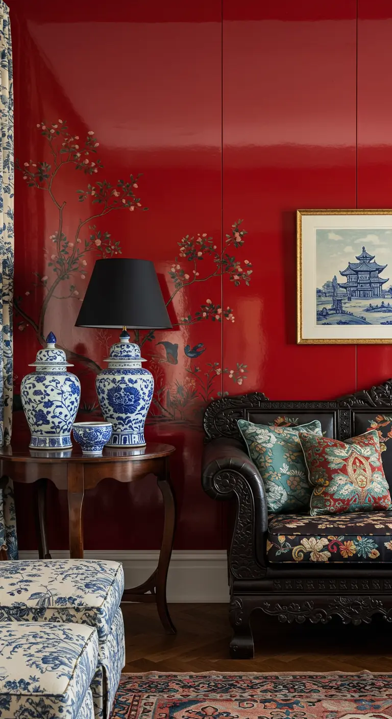 Mur d'accent rouge laqué avec des motifs de chinoiserie, derrière un canapé asiatique en bois sculpté.