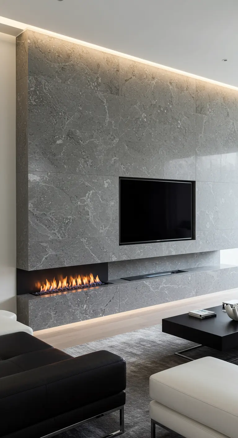 Mur de salon moderne en marbre gris intégrant une cheminée linéaire et une télévision.