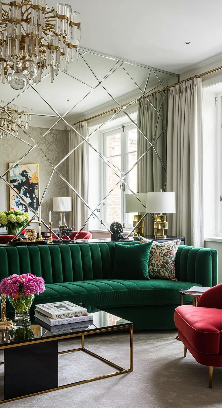 Mur de miroirs en losanges derrière un canapé en velours vert émeraude.