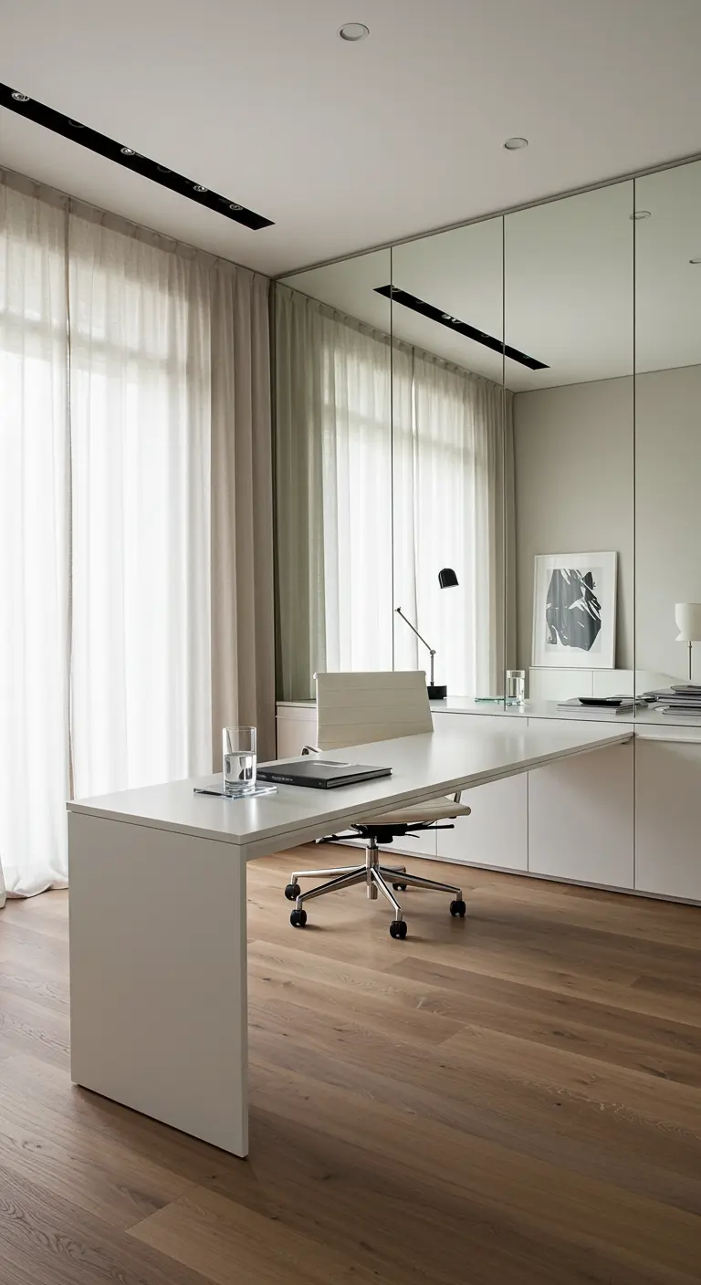 Bureau minimaliste blanc face à un mur entièrement recouvert de miroirs.