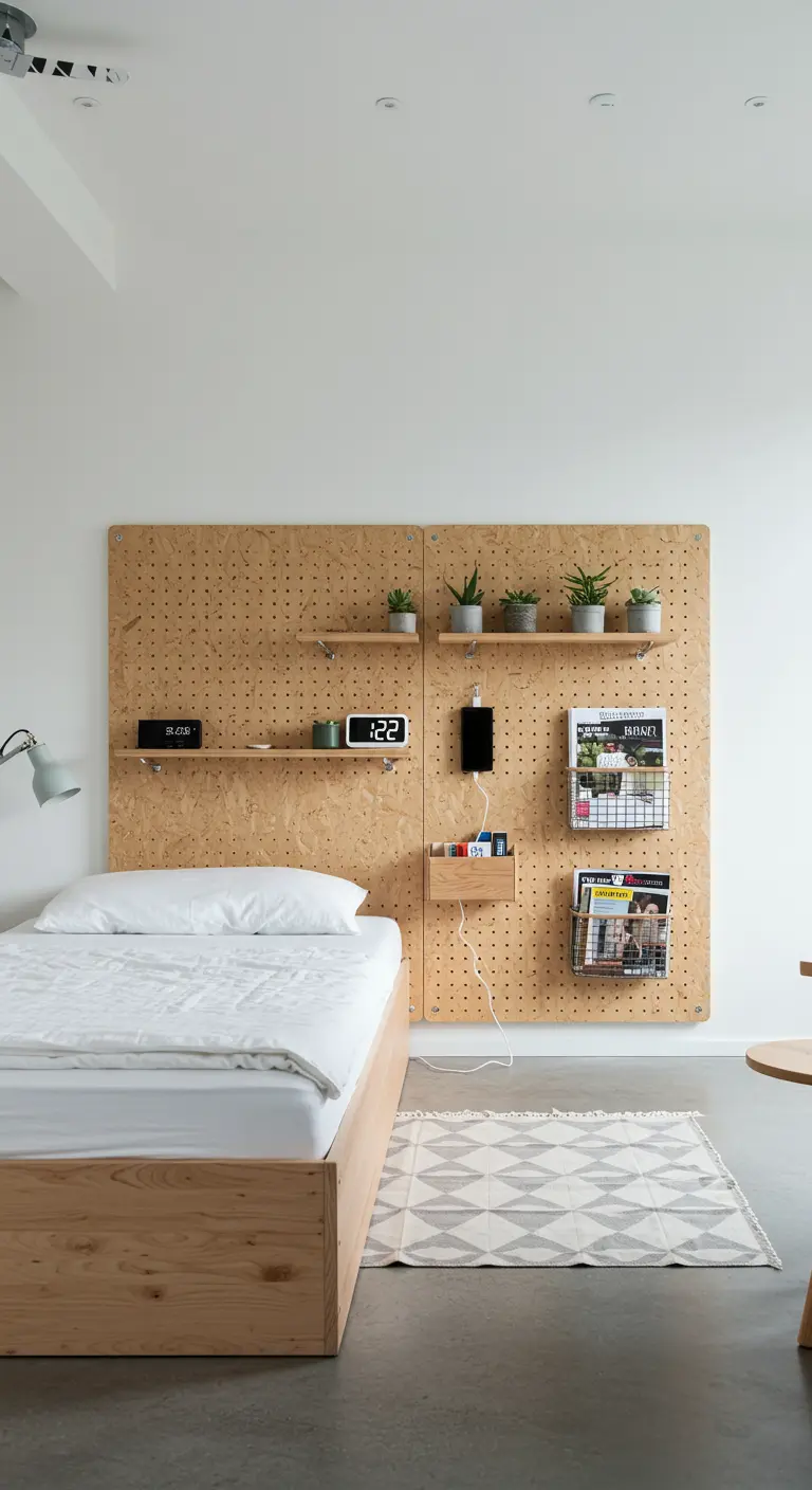 Tête de lit fonctionnelle en panneau perforé (pegboard) avec étagères et rangements ajustables.