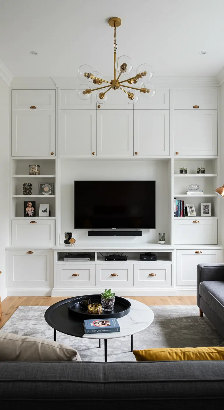 Grand meuble TV blanc intégré avec rangements et étagères dans un salon moderne.