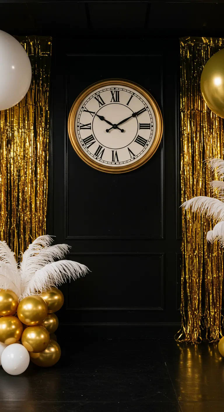 Horloge sur un mur noir, flanquée de rideaux dorés et de plumes blanches.