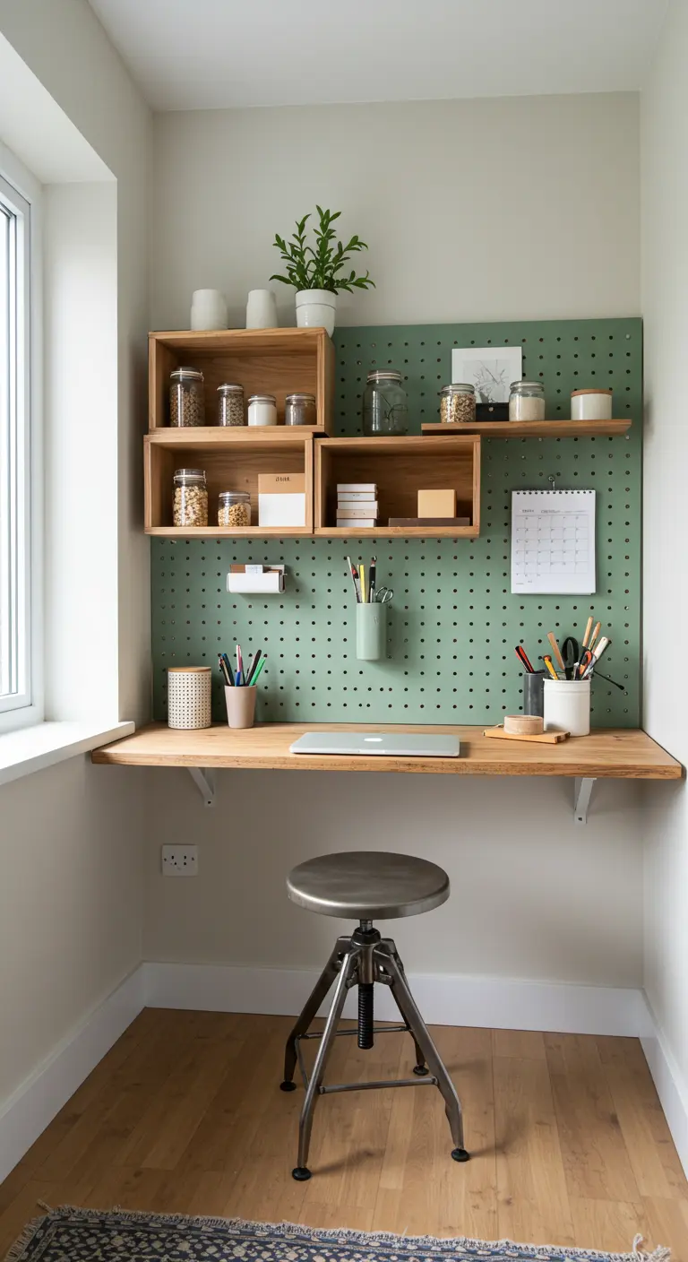 Bureau d'angle avec un grand panneau perforé vert sauge et des rangements en bois.