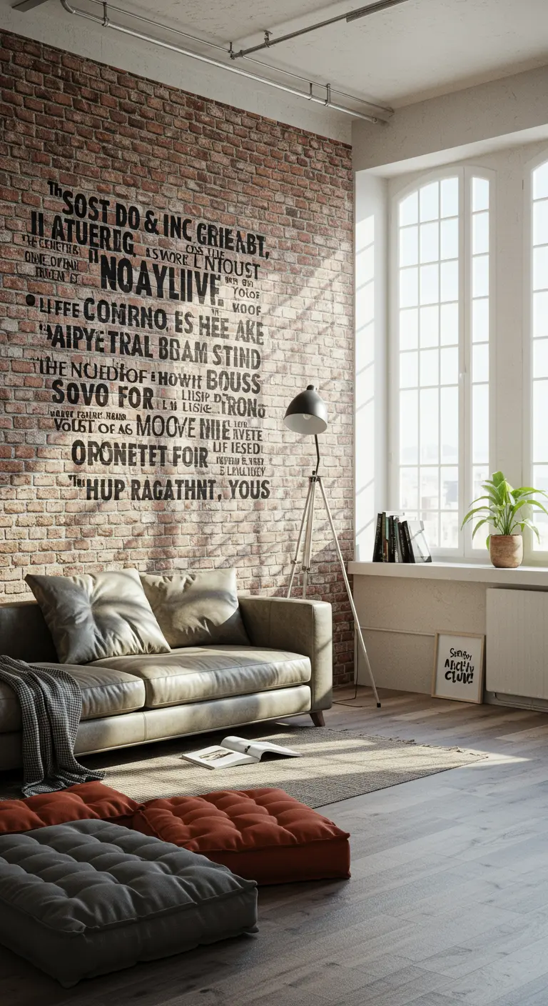 Mur de briques avec une grande composition typographique en lettres noires.