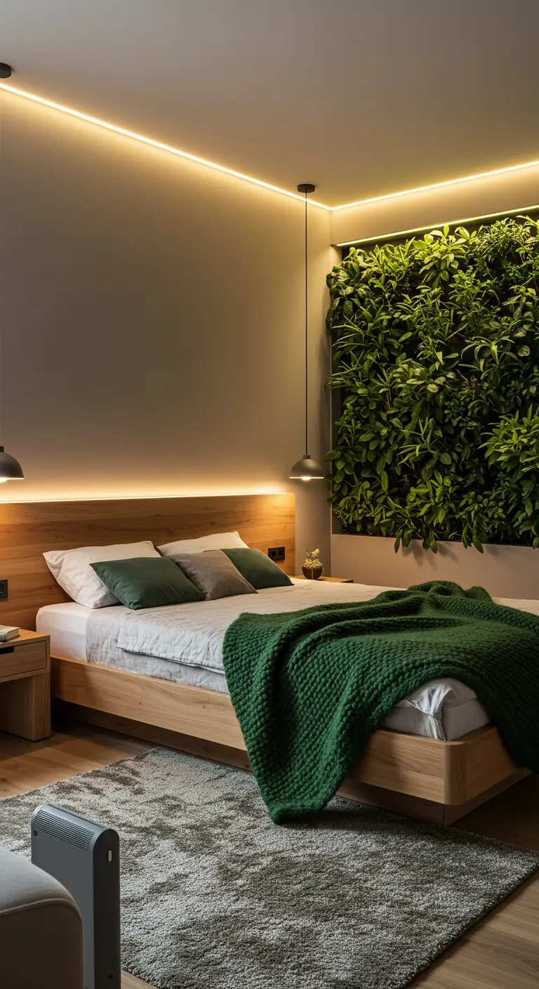 Chambre moderne avec un mur végétal luxuriant et un éclairage LED indirect.