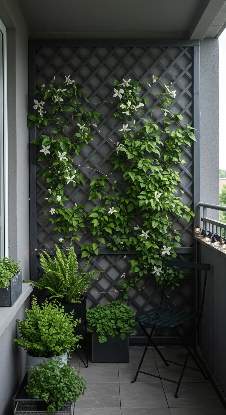 Balcon moderne avec treillis sombre et clématite blanche, plantes vertes en pots et une chaise.