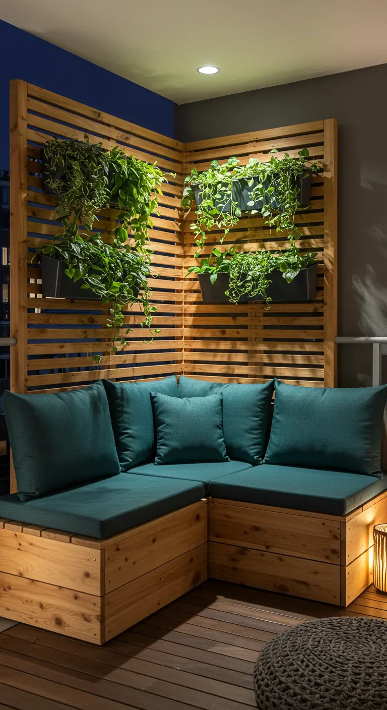 Banquette en bois sur petit balcon avec mur végétal à lattes et coussins verts.