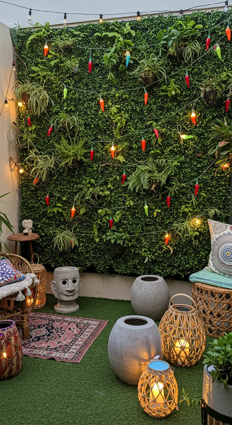 Patio avec un mur végétal décoré d'une guirlande lumineuse en forme de piments.