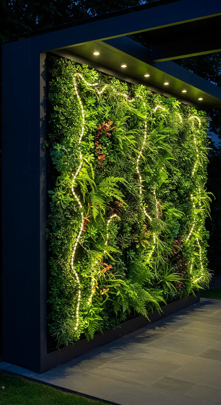 Un mur végétal luxuriant la nuit, éclairé par des bandes de lumière LED sinueuses.