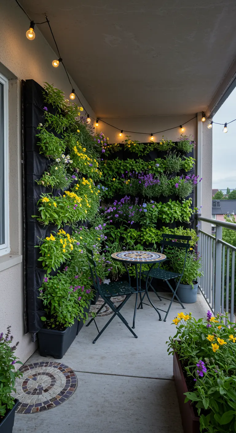 Mur végétal luxuriant avec plantes fleuries jaunes et violettes, guirlandes lumineuses sur un balcon