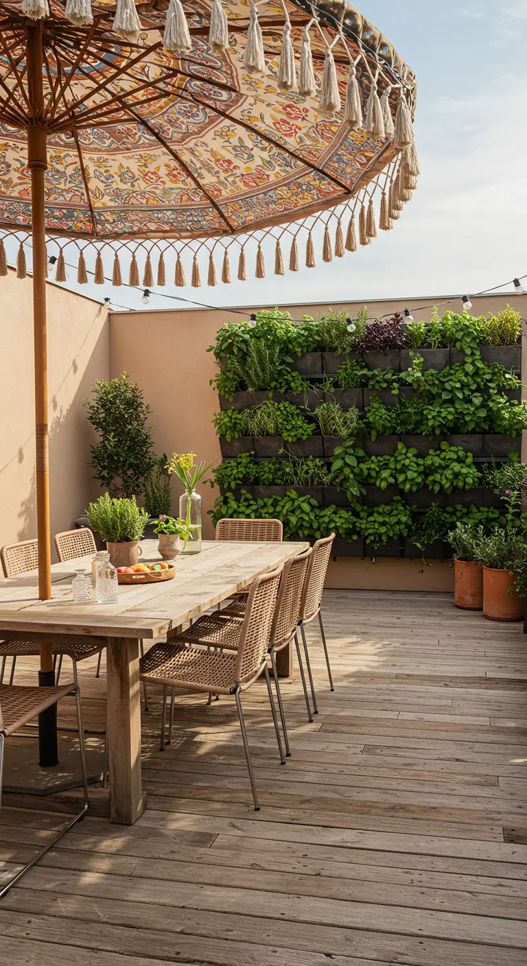 Mur végétal luxuriant sur une terrasse en bois, avec un parasol à franges et une table en bois.