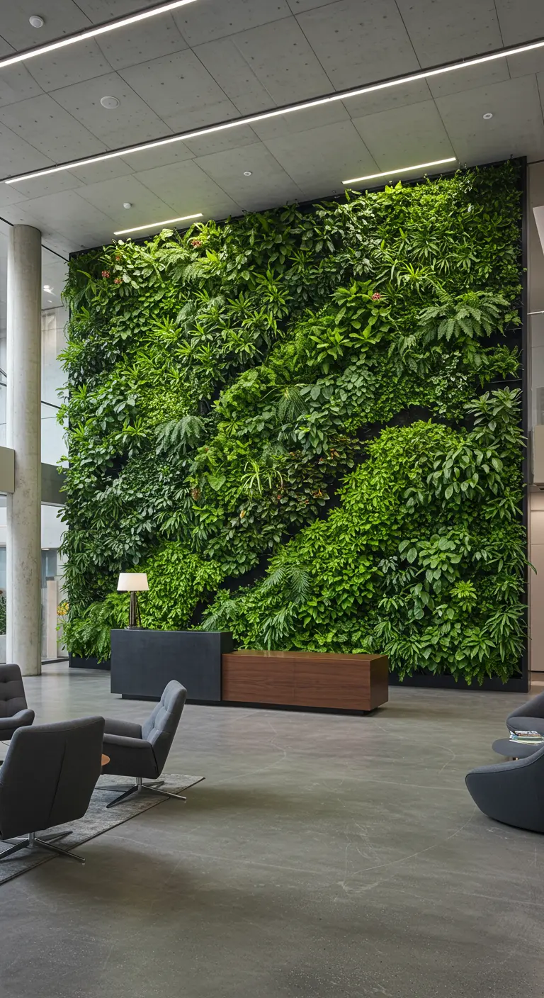 Immense mur végétal luxuriant dans un hall d'accueil moderne, créant une ambiance apaisante.