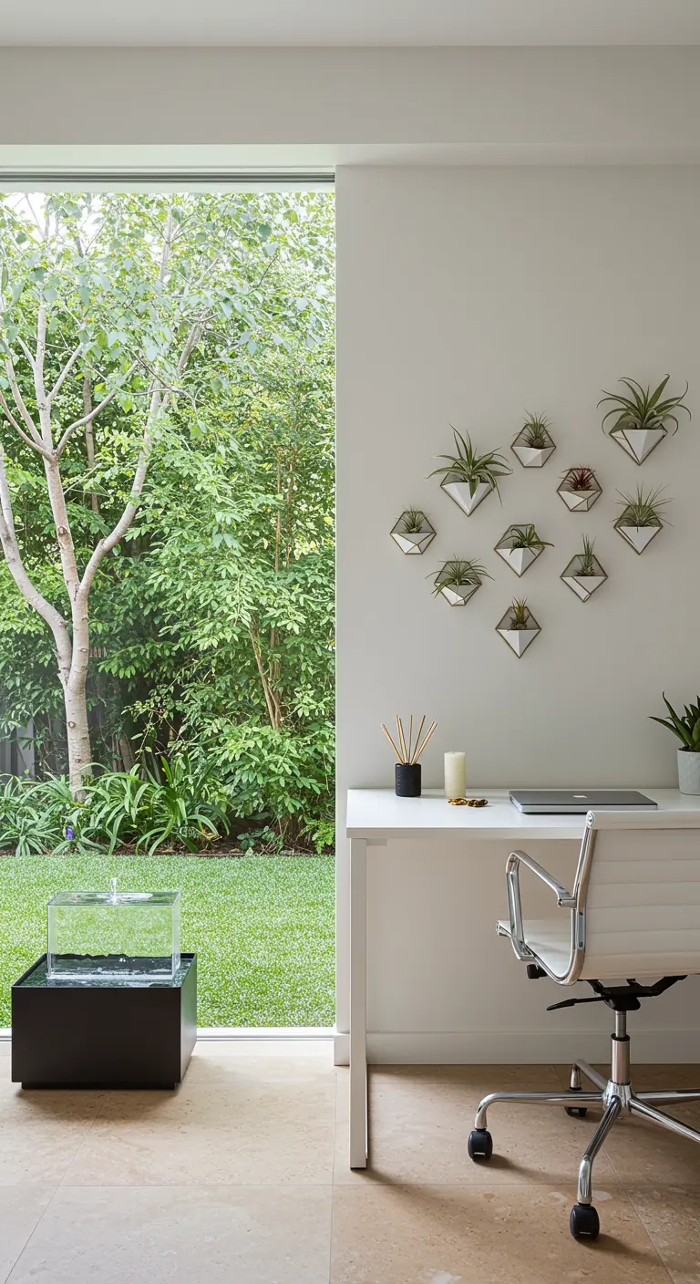 Bureau blanc face à un jardin, avec une composition murale de plantes aériennes.